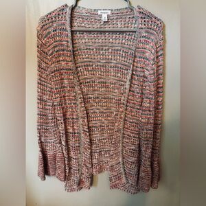 Crochet open front cardigan, multicolored pinks, and blues.